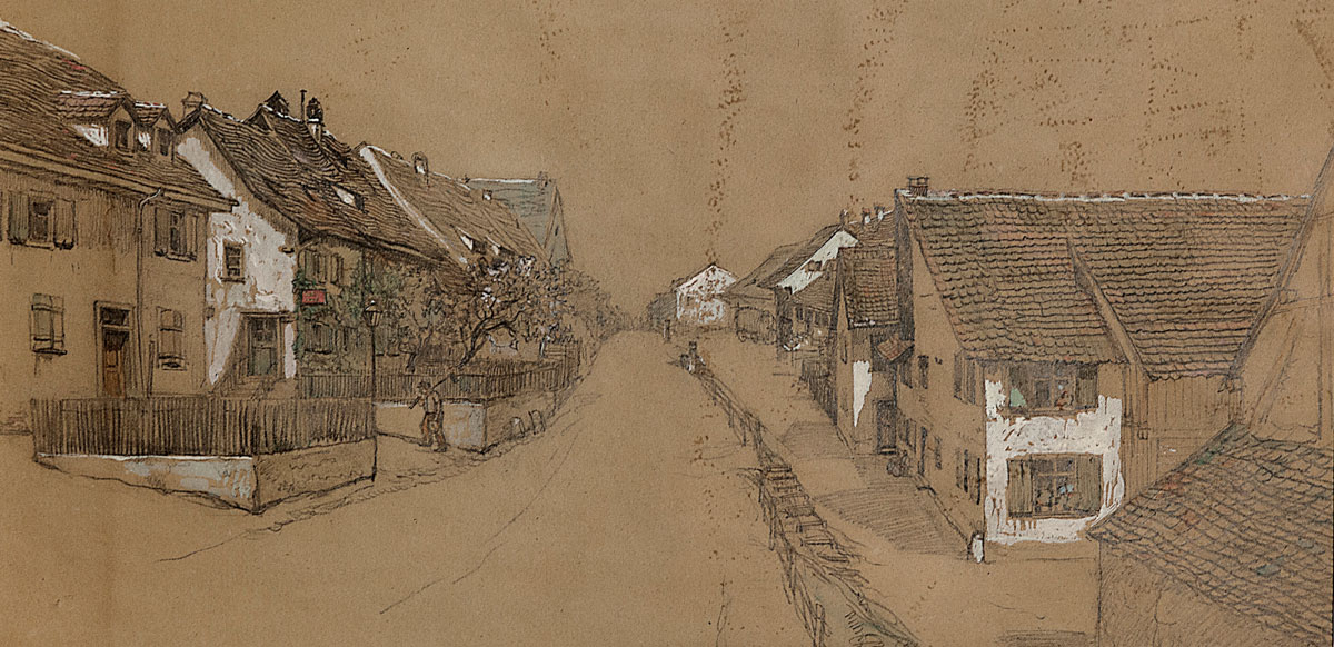 Die Hauptstrasse des Dorfes Binningen um 1900, Feder- und Kreidezeichnung von Paul Rudin.#Ortsmuseum Binningen.