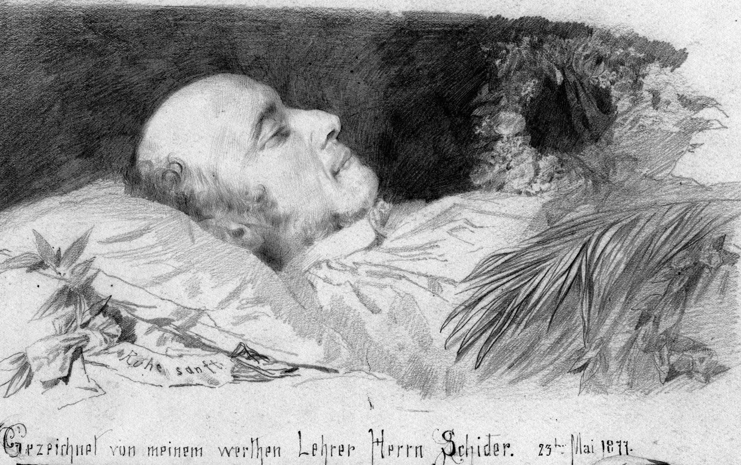Jonas Breitenstein auf dem Totenbett, gezeichnet von Fritz Schider, Zeichnungslehrer von Ernst Breitenstein, am 23. Mai 1877.