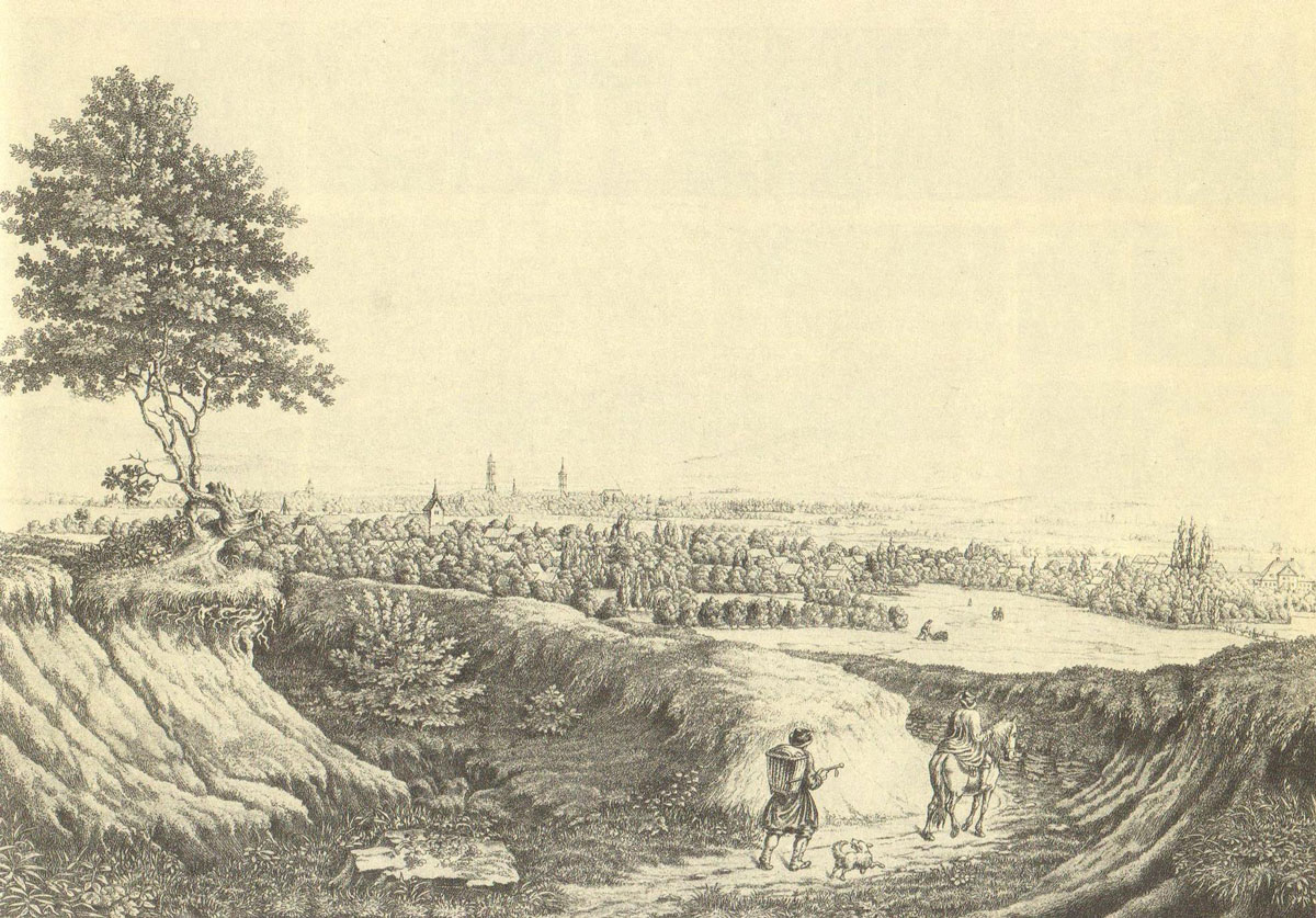 Blick über Weende auf die Stadt. Holzstich um 1840/50 von Heinrich Loedel.#Städtisches Museum Göttingen, Inv.Nr. 1898/405.