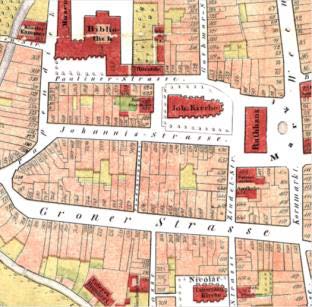 Ausschnitt aus einem alten Stadtplan von Göttingen vor 1864 mit der Gronerstrasse 758 (seit 1864 die Nr. 13). Hier wohnten Jonas Breitenstein und Martin Grieder (später Birmann) bei der Familie Grube.#Stadtarchiv Göttingen.