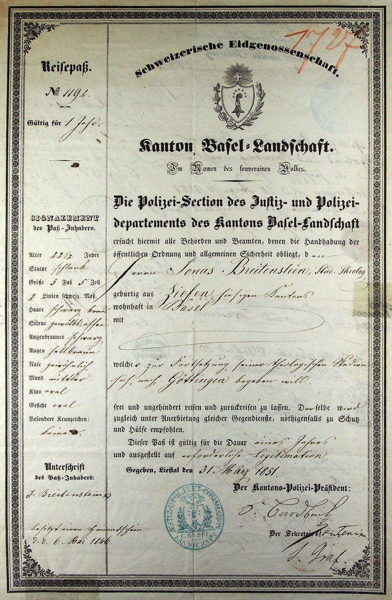 Jonas Breitensteins Reisepass Nr. 1192, gültig für ein Jahr, ausgestellt in Liestal am 31. März 1851.#Nachlass im Dichter- und Stadtmuseum Liestal