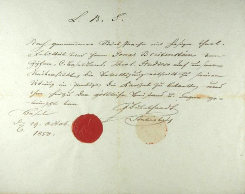 Predigtbewilligung für Jonas Breitenstein vom 19. Oktober 1850, ausgestellt von Antistes Abel Burckhardt.#Nachlass Dichter- und Stadtmuseum Liestal.