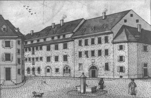 Bezirkschule Liestal, Zeichnung Ernst Wenger 1875.#Karl Kramer, Heimatkunde von Liestal 1863, Liestal 1968, S. 28