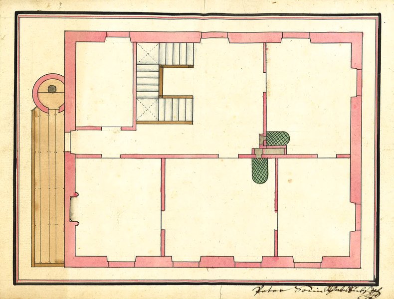 Grundriss Obergeschoss, Bauzeichnungen des alten Barock Pfarrhauses von Pierre Racine.