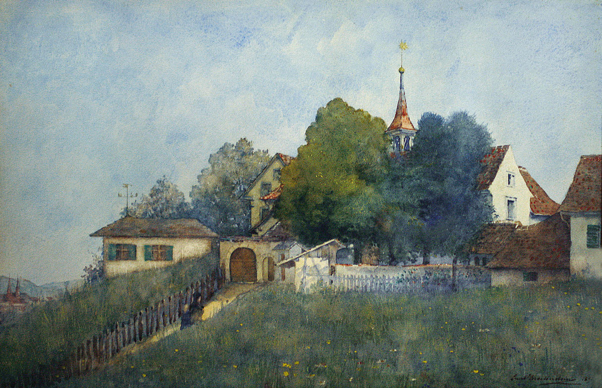 St. Margarethenkirche Binningen von Süden. Aquarell von Ernst Breitenstein 1891.#Ortsmuseum Binningen.