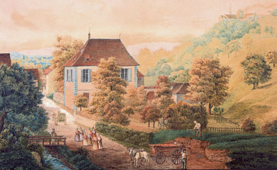 Das alte Binninger Pfarrhaus. Aquarell um 1842. Anonymer Maler.#Archäologie und Museum Baselland. Inv. Nr. D1.2382.